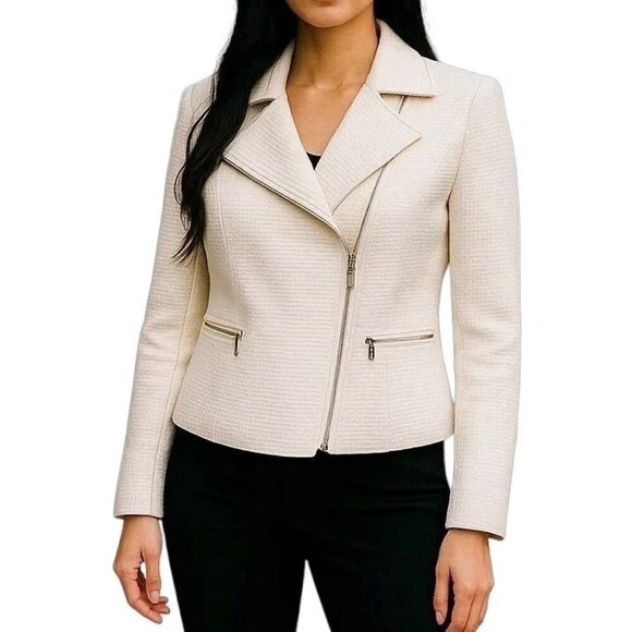 Chicos Moto Blazer Size 1 M 8 Cream Asymmetrical Zipper Waffle Knit Zip Pockets - Picture 13 of 13